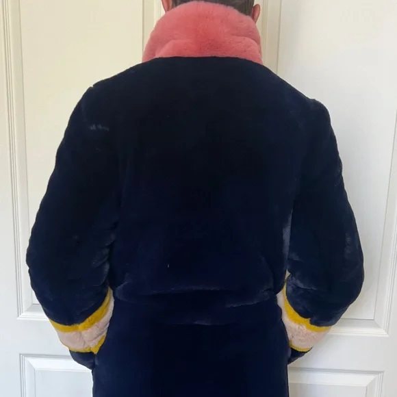 Apparis Navy with contrast pink, beige and gold faux fur jacket. - Picture 3 of 6